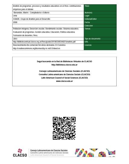 <h5><strong>Análisis de programas, procesos y resultados educativos en el Perú. Contribuciones empíricas para el debate. (Benavides M., 2008)</strong></h5>